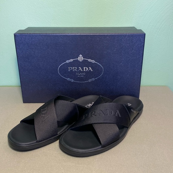 Prada Brushed Leather and Re-Nylon Crisscross Slides - Picture 1 of 7